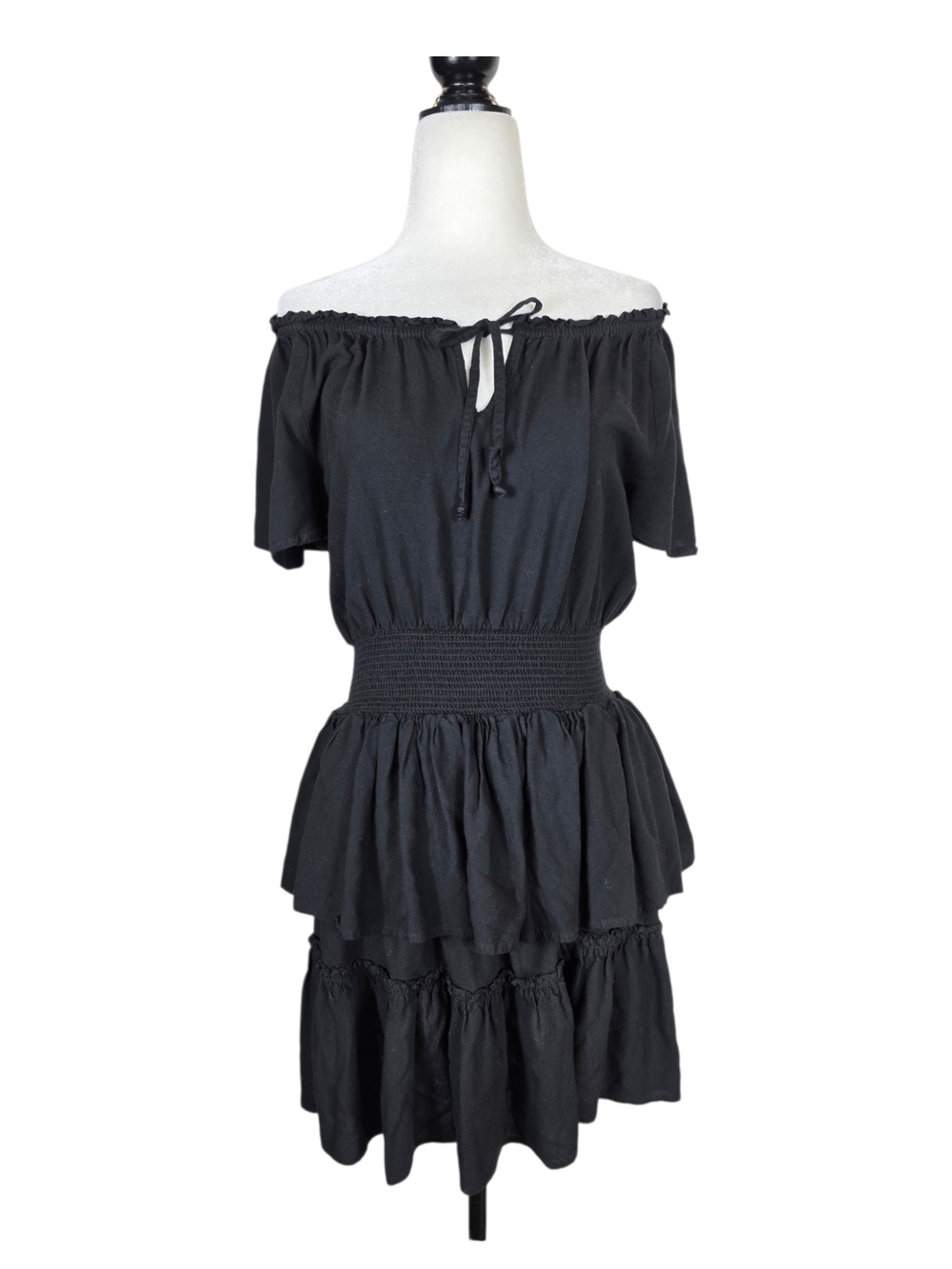 Patrons of Peace Black Off-Shoulder Tiered Mini Dress